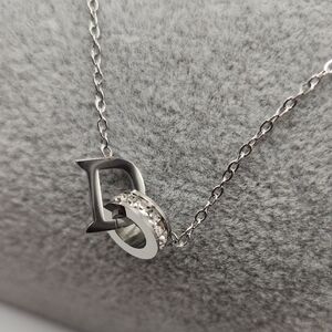 Stainless Steel Silver Tone Chain Necklace, Letter D, Simulated Diamond Rring